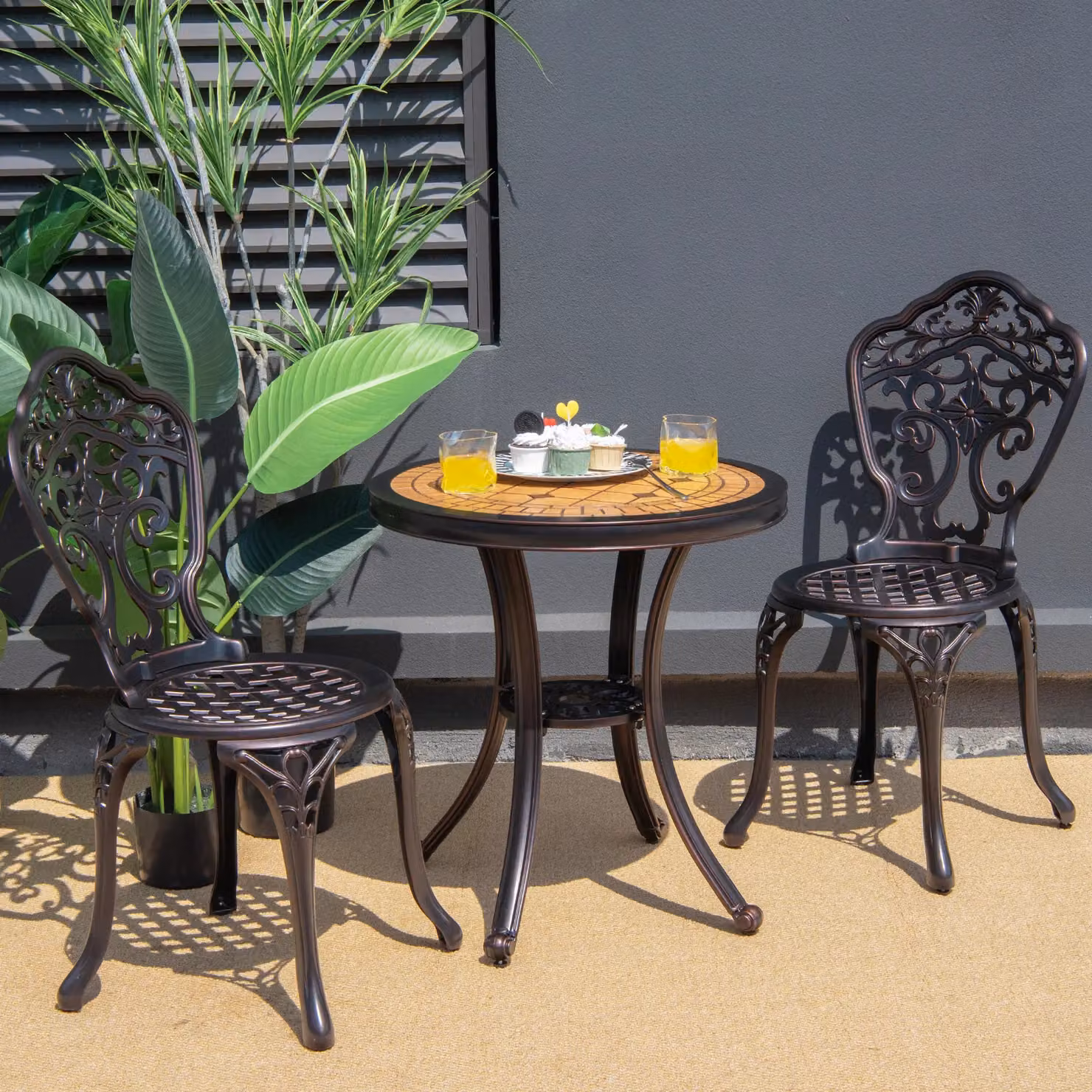 Costway 3-Piece Cast Aluminium Patio Bistro Set with Table and Chairs in Bronze – 3