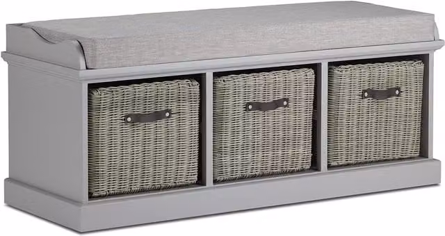 Tetbury Large Bench with Rattan Baskets in Dove Grey, W/D/H: 112 x 40 x 46 cm