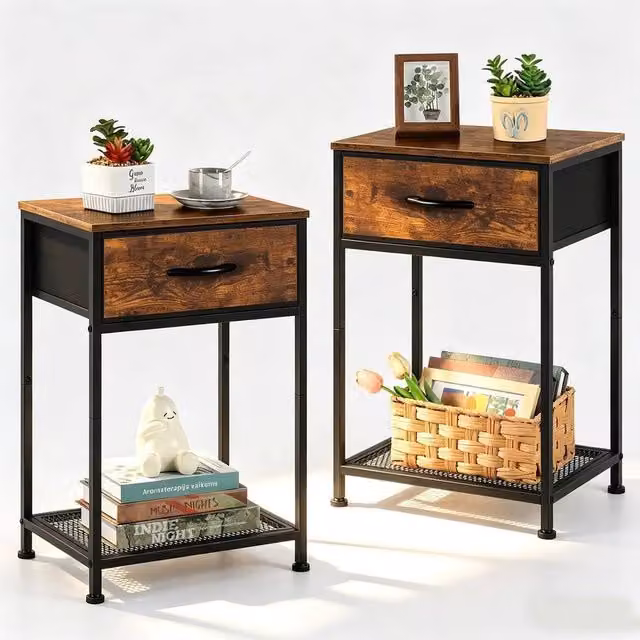 FORGEVIO Set of 2 Industrial Bedside Cabinets in Brown and Black, W/D/H: 40 x 30 x 60.5 cm – 1