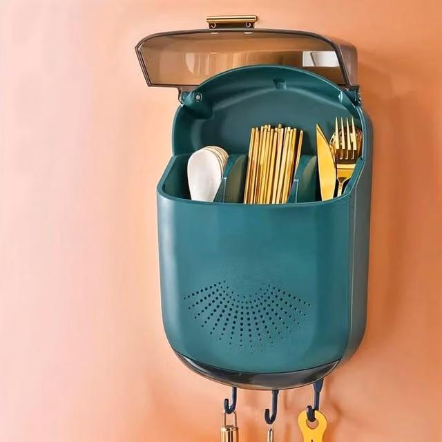 PAWNORA Green Wall-Mounted Plastic Kitchen Utensil and Cutlery Holder with Self-Adhesive Attachment, H: 21.0 cm, W: 35.0 cm, D: 3.0 cm – 1