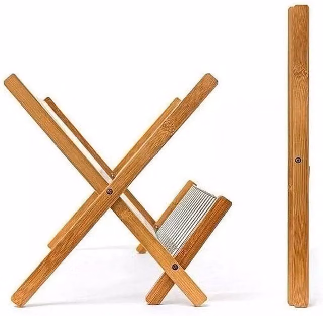 SPETLEK Teak 2-Tier Bamboo Dish Drying Rack with Cutlery Holder in Natural Brown and Beige – 1