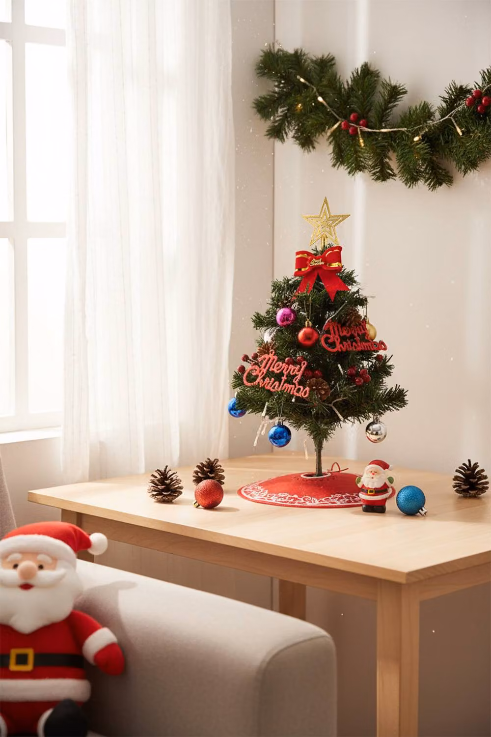 Living and Home 55cm Mini Pre-Lit Tabletop Christmas Tree with Star Top, Bow and Tree Skirt in Multicolour – 3