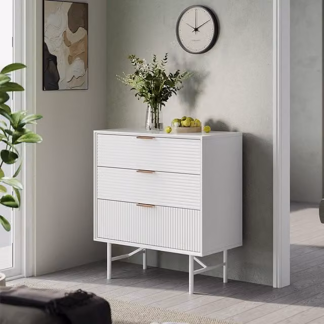 Livingandhome Modern 3-Tier Striped Freestanding Storage Cabinet in White and Gold
