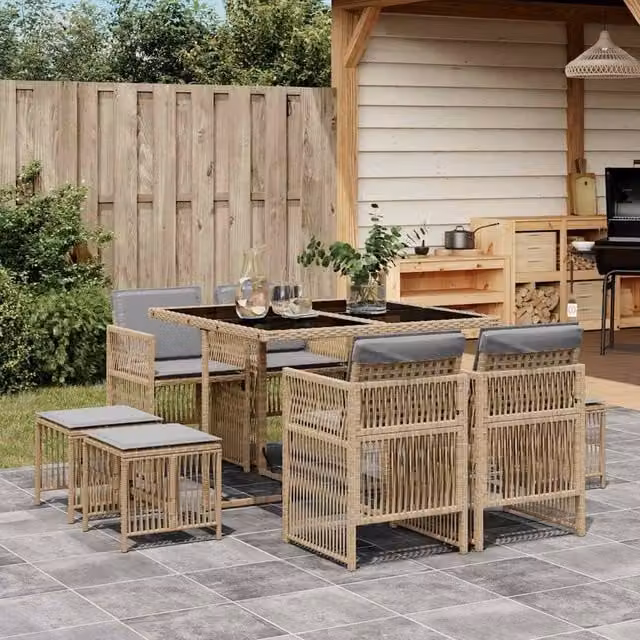 Berkfield Home 9 Piece Poly Rattan Garden Dining Set with Beige Cushions – 1