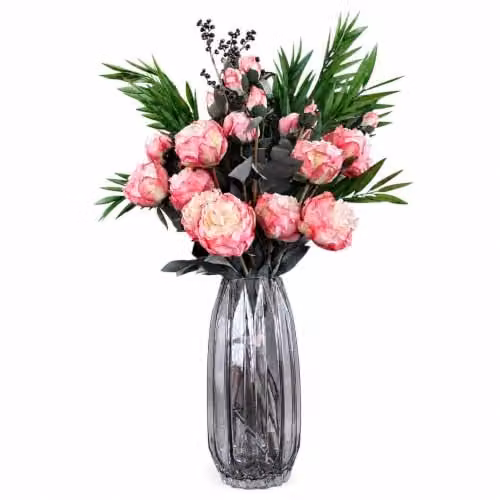 Leaf Design Pink and Purple Peony Artificial Flower Display with Glass Vase – 1