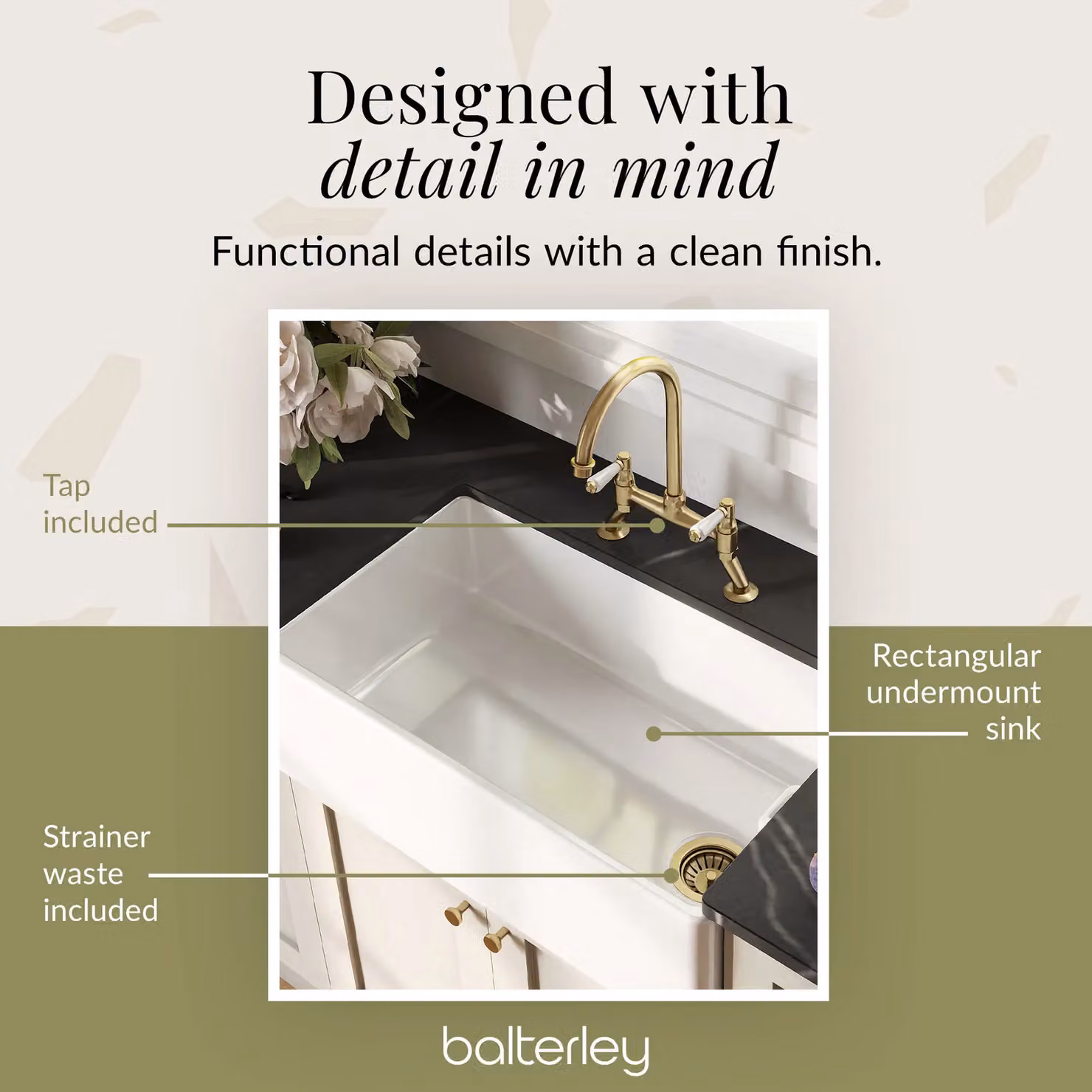 Balterley White Ceramic Single Bowl Belfast Kitchen Sink with Bridge Lever Mixer Tap and Waste in Brushed Brass, W: 79.5 cm – 4