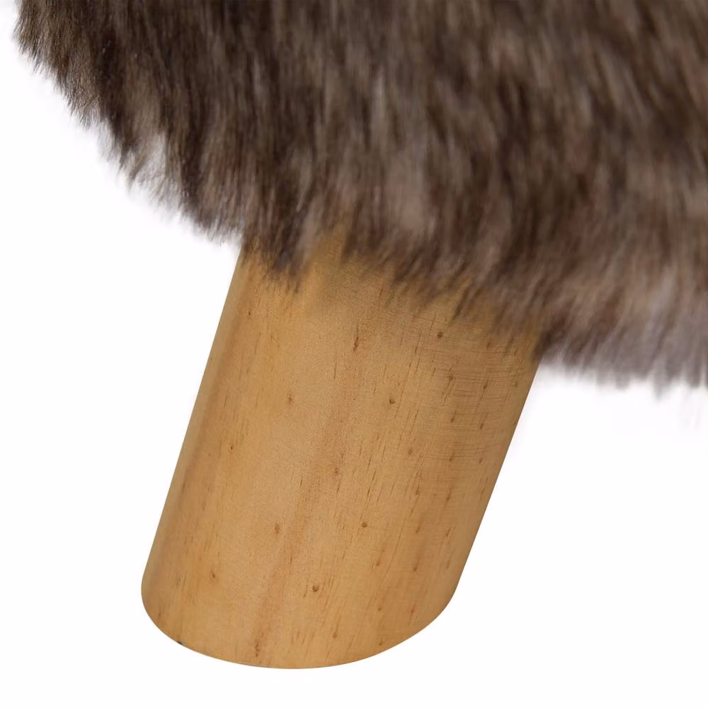 Wyld and Coco Round Faux Fur Footstool in Brown and Beige with Rubberwood Tripod Base – 4