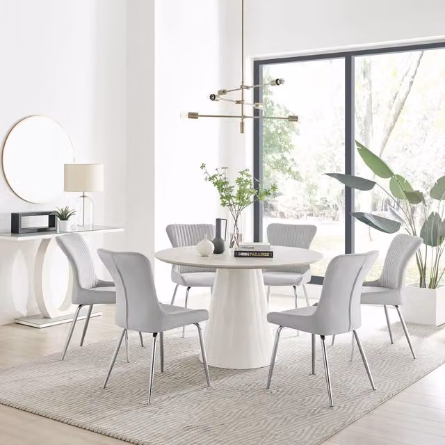 FurnitureboxUK Palma Beige Stone Effect Round Dining Table and 6 Nora Silver Leg Chairs in Light Grey