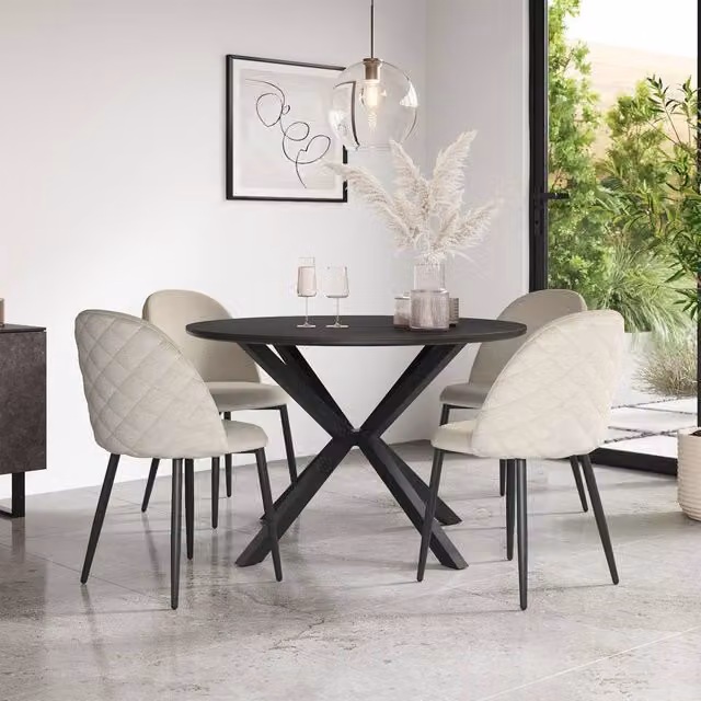 More4Homes Calne Round Ceramic Dining Table and 6 Raye Velvet Chairs in Beige and Black, Diameter: 120 cm, Height: 75 cm – 1