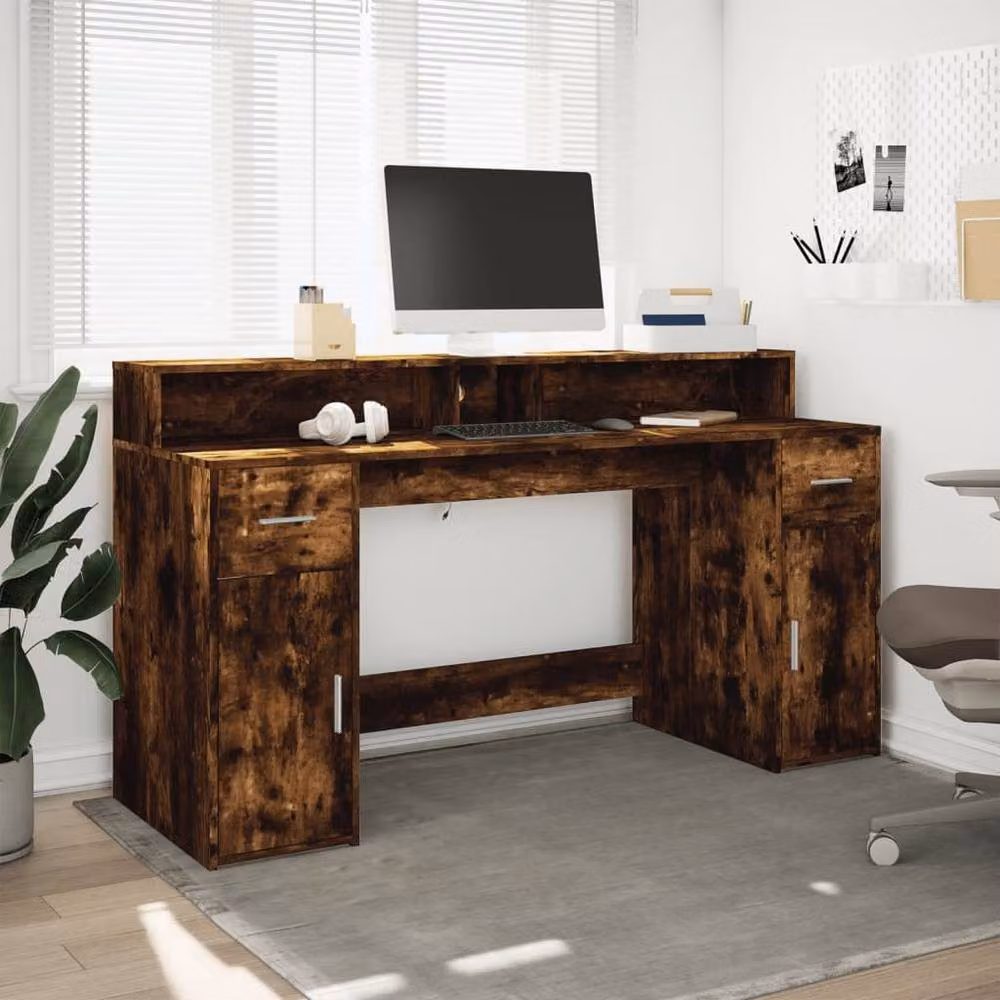 Berkfield Modern Gaming Desk with LED Lights in Smoked Oak Brown, W/D/H: 160 x 55 x 91 cm – 4
