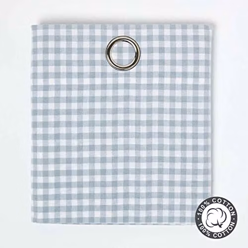 HOMESCAPES Blue Gingham Check Eyelet Curtain Pair, 100% Cotton, Width: 137 cm, Drop: 182 cm – 2