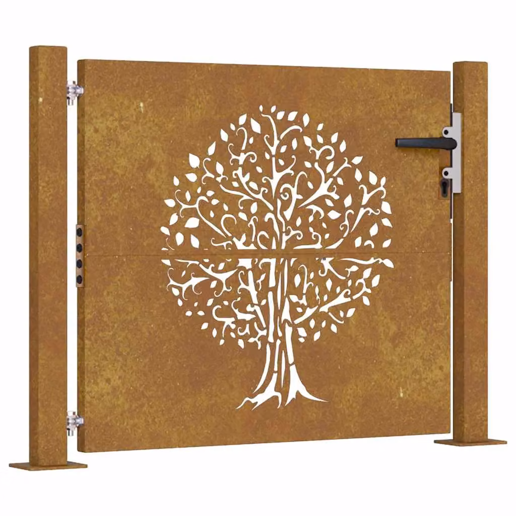 Berkfield Home Garden Gate in Brown Corten Steel with Tree Design, W: 105 cm, H: 80 cm – 2