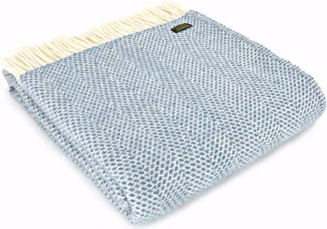 Tweedmill Beehive Jacquard Wool Throw with Fringes in Petrol Blue