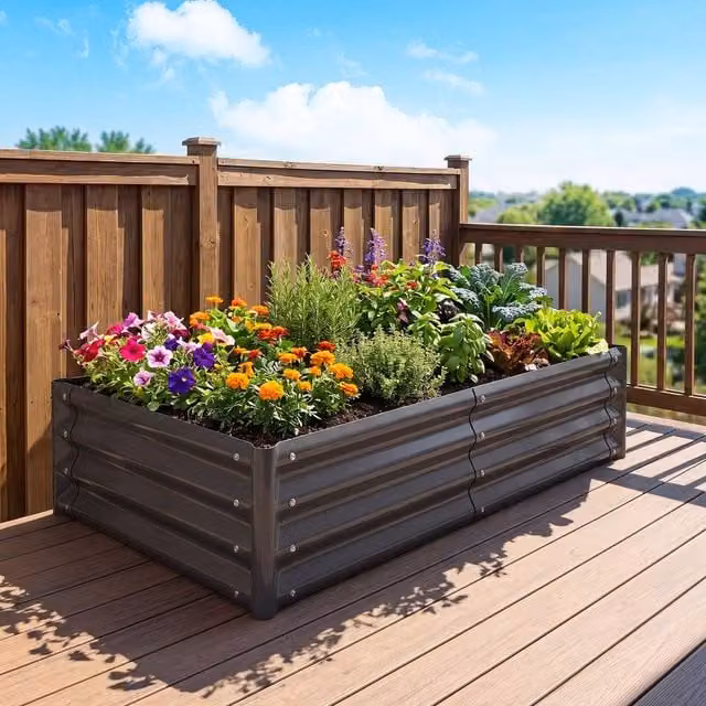 Costway Galvanised Steel Raised Garden Bed Metal Planter Box, Grey, W: 123 cm, D: 64 cm, H: 29 cm
