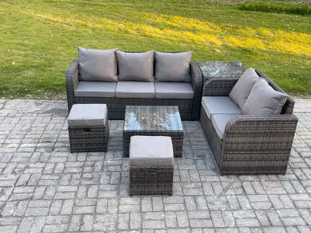 Fimous 7 Seater PE Rattan Garden Furniture Set in Dark Grey with Upholstered Cushions, Square Coffee Table and 2 Footstools