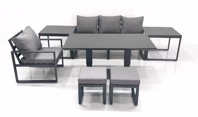 Fimous 6 Seater Garden Sofa Set with Height Adjustable Dining Table, 2 Side Tables and 2 Footstools in Dark Grey Powder Coated Aluminium