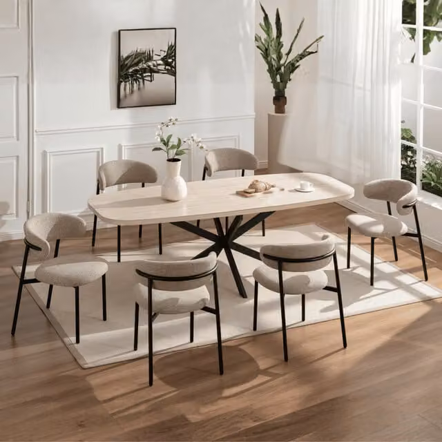 Home Source Axal Oak Effect Extending Ceramic Dining Table and 6 Beige and Black Velora Chairs Set