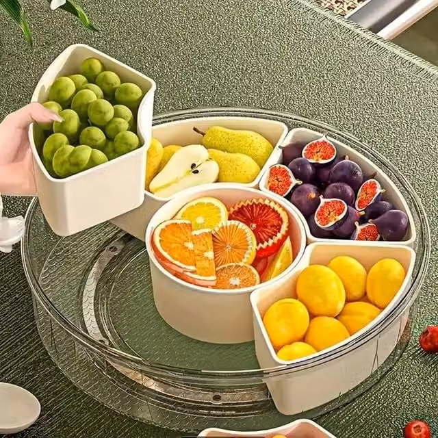 FLAVORA Rotatable Multi-Compartment Round Snack Tray in White and Transparent Plastic – 1