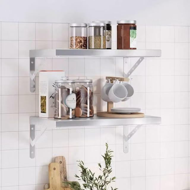 Berkfield Home Silver Stainless Steel Wall Mounted Shelves, 2 Pack, W: 50 cm, D: 30 cm, H: 3 cm