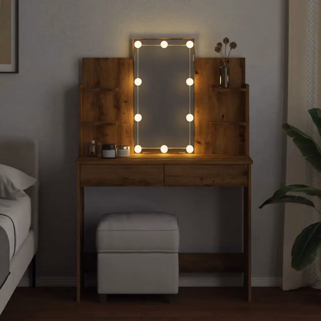 Berkfield Home Dressing Table with Hollywood LED Lights in Artisan Oak Brown, W: 96 cm, D: 40 cm, H: 142 cm – 4