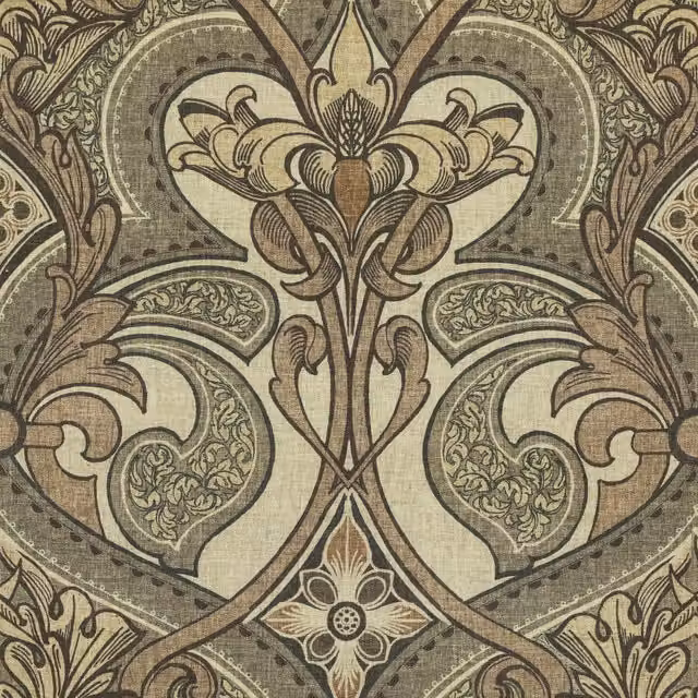 HOUSE Llewelyn-Bowen Gwendoline Aurelia Printed Damask Fabric in Beige and Brown