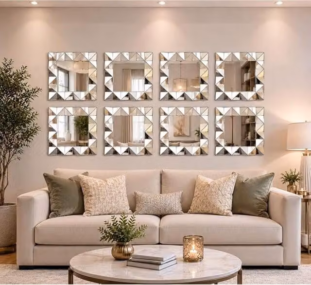 DEENZ Set of 4 Art Deco Style 3D Geometric Square Wall Mirrors in Silver, W/D/H: 40 x 40 x 40 cm