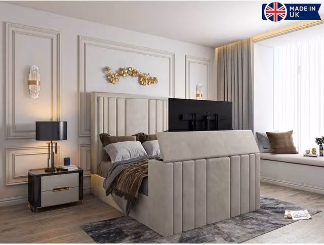 KDMD Atom Upholstered Soft Velvet Bespoke TV Bed Frame in Light Sand, Single Size (W: 90 cm, D: 200 cm)