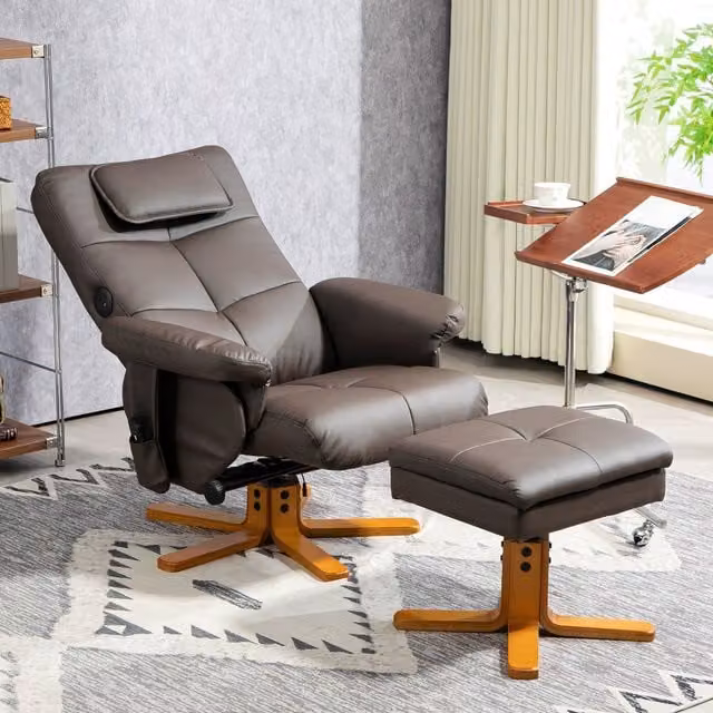 HOMCOM Massage Recliner Chair with Footstool and Hidden Storage in Brown Synthetic Leather – 1