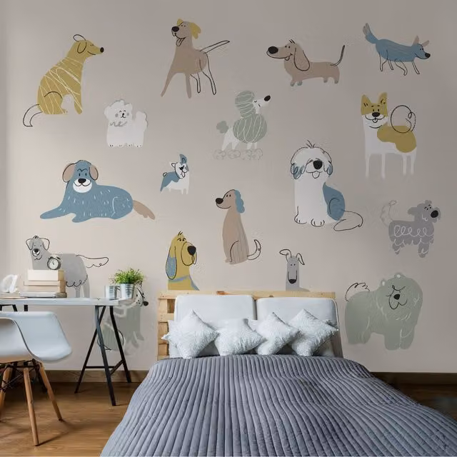 Origin Murals Happy Dogs Wall Mural in Warm Grey and Multicolour, Medium
