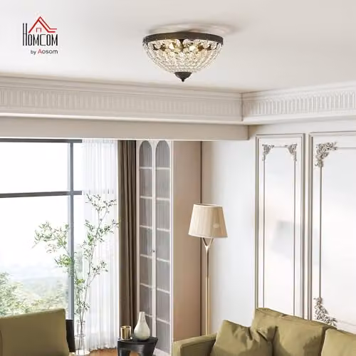 HOMCOM Crystal Chandelier Ceiling Light, 2-Light Flush Mount in Black and Transparent – 2