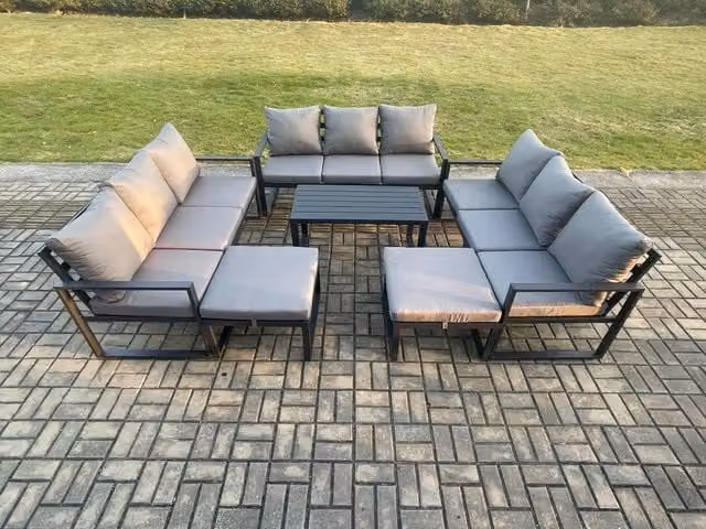 Fimous 11 Seater Outdoor Garden Furniture Set with Powder Coated Aluminium Frame, 3 Seater Sofa, Oblong Coffee Table and Ottomans in Dark Grey