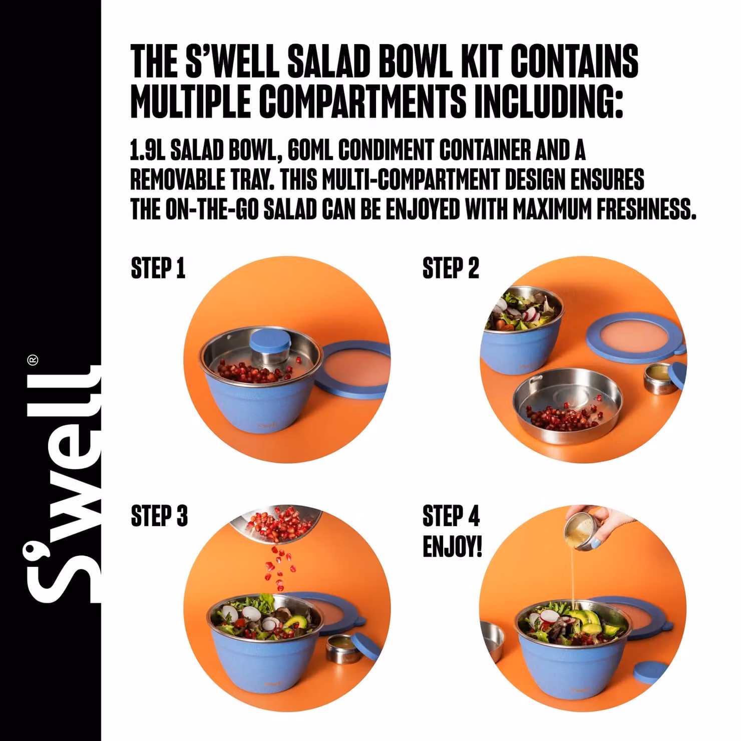 S'well Stainless Steel Salad Bowl Kit in Blue and Grey, 1.9 l – 5