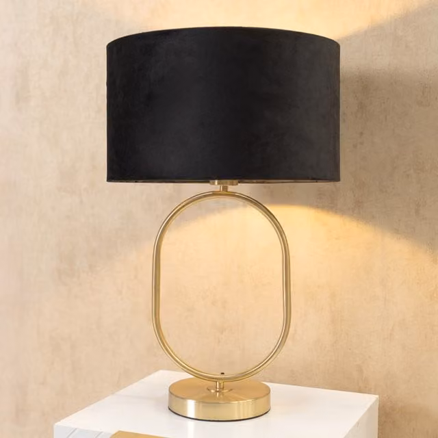 Antonia Brushed Gold Oval Table Lamp with Black Velvet Drum Shade and LED Bulb
