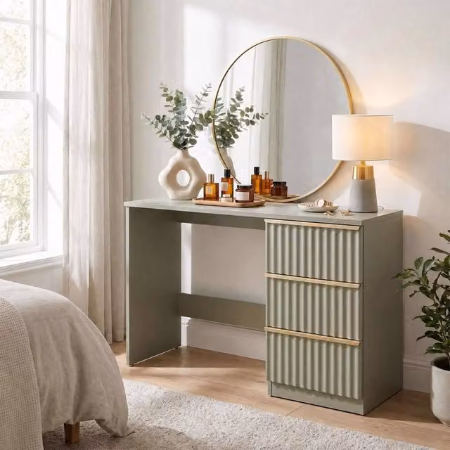 FWStyle Lania Green 3 Drawer Dressing Table and Study Desk with Scallop Design and Gold Accents