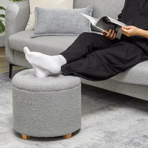 HOMCOM Round Storage Ottoman in Grey Bouclé Fabric with Wood Legs, Diameter: 45 cm – 4