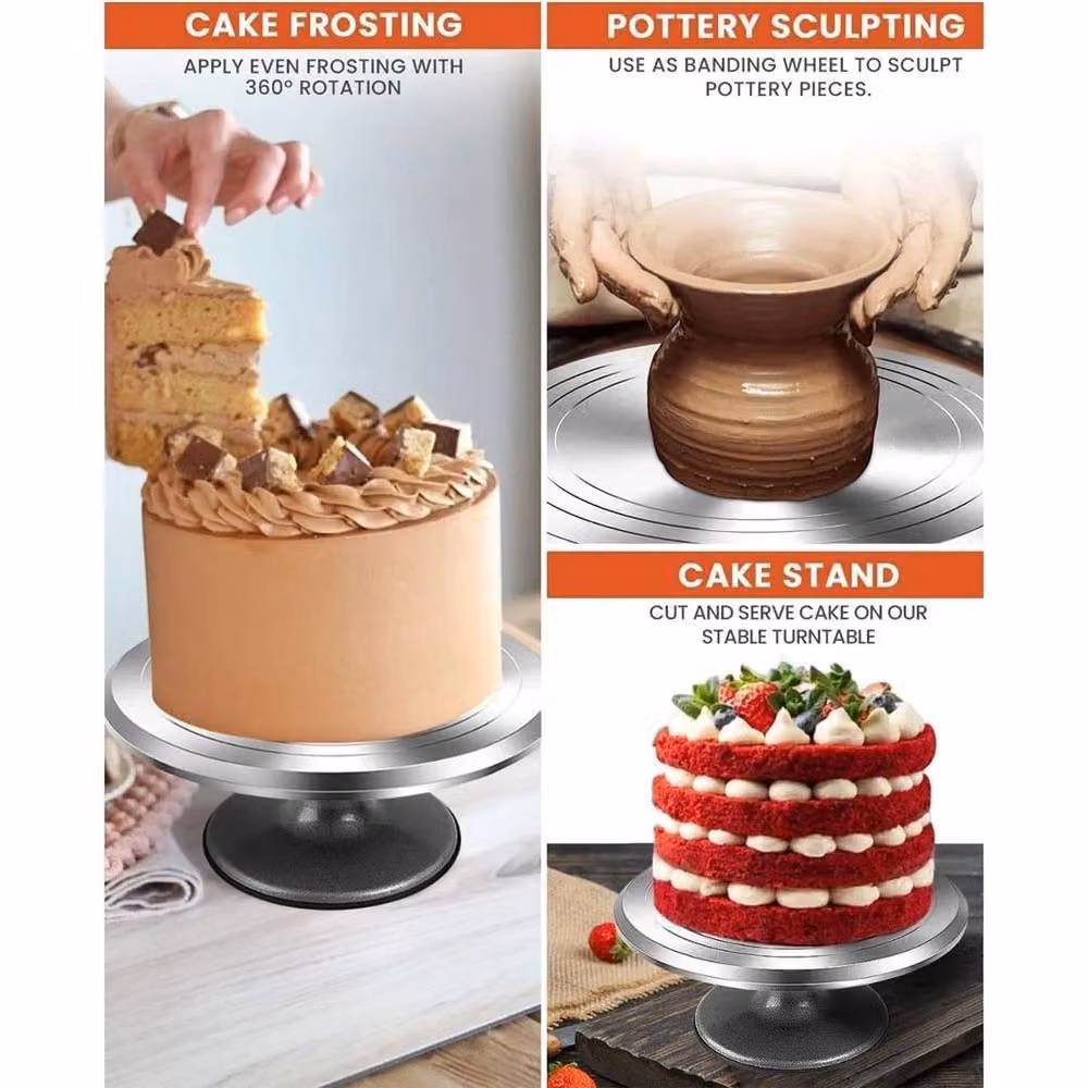 NESTLUNE Metal Cake Decorating Revolving Turntable Stand, Silver, W/D/H: 100 x 15 x 15 cm – 3