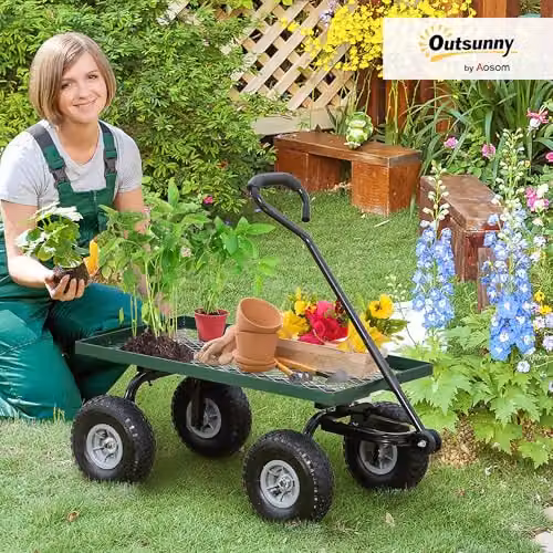 Outsunny Heavy Duty Garden Trolley Cart with Metal Frame and Rubber Wheels, Green – 2