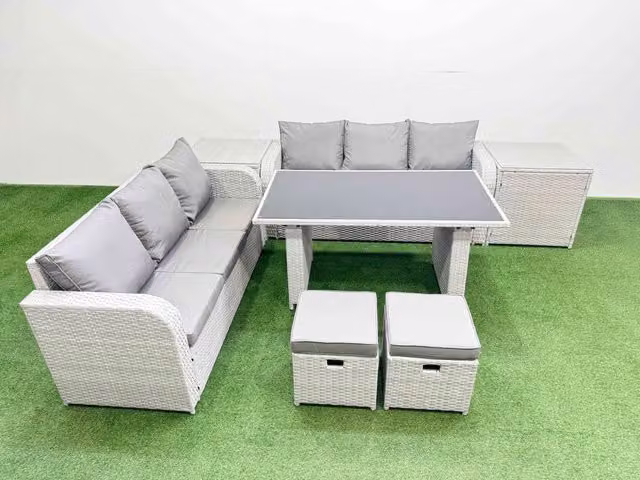 Fimous 8 Seater Rattan Outdoor Dining Set with Glass Top Table and Chairs in Light Grey and Black