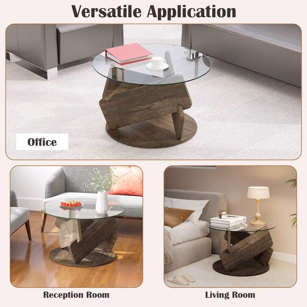 Gymax Round Rustic Glass and Rubberwood Coffee Table in Grey – 6