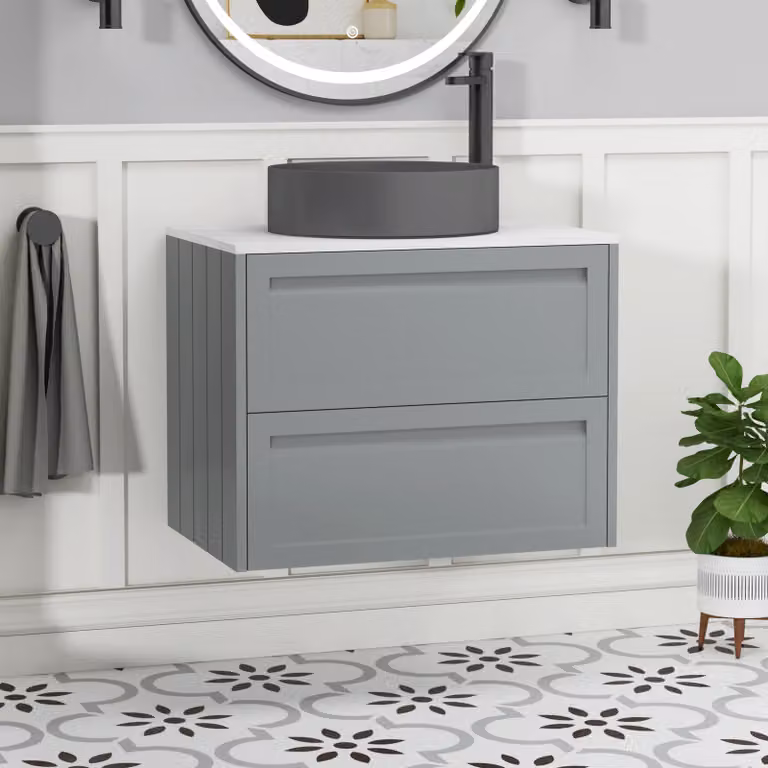 Royal Bathrooms Elmore Wall Hung Countertop Vanity Unit with Art Round Basin, Matt Pebble Grey, 700mm
