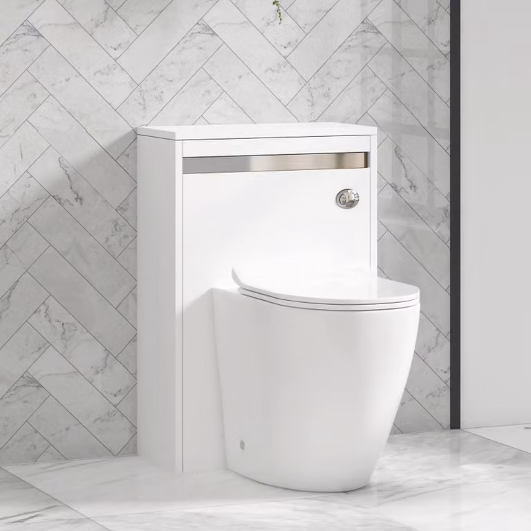 Royal Bathrooms Orion Matt White Wall Mounted WC Unit with Elva Rimless Short Projection Ceramic Toilet Pan, Slim Soft Close Seat and Cistern with Chrome Accent Trim, Width: 54 cm