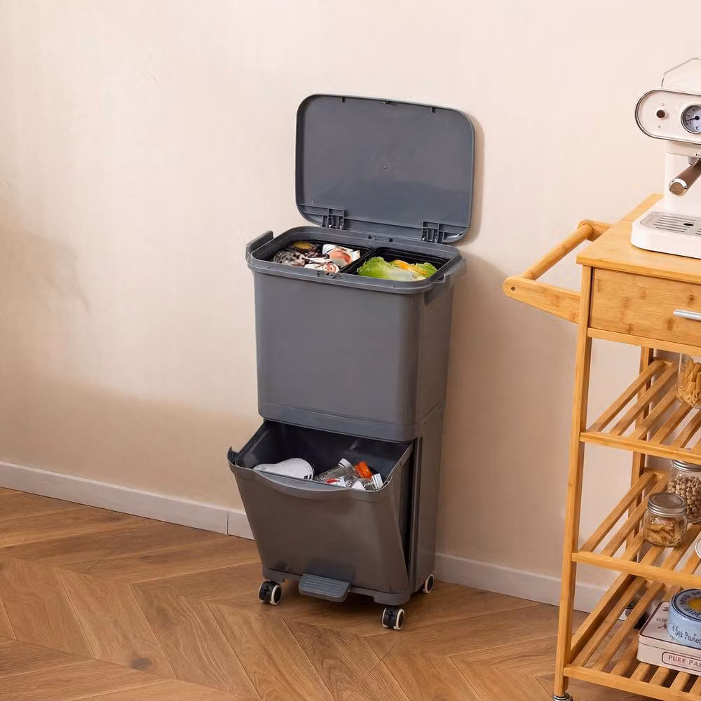 Costway Rolling Pedal Trash Can with 2 Removable Plastic Bins in Grey – 3
