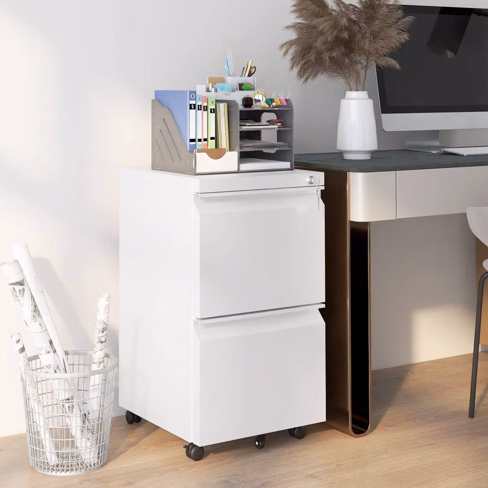 STILVORA Lockable Mobile Filing Cabinet with 2 Drawers in White Metal – 2
