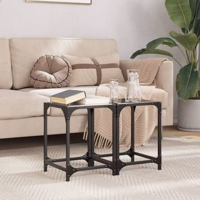 Berkfield Home Modern Square Coffee Table Set with Black Glossy Glass Top and Steel Frame, W/D/H: 30 x 30 x 40 cm, 2 Pieces – 1