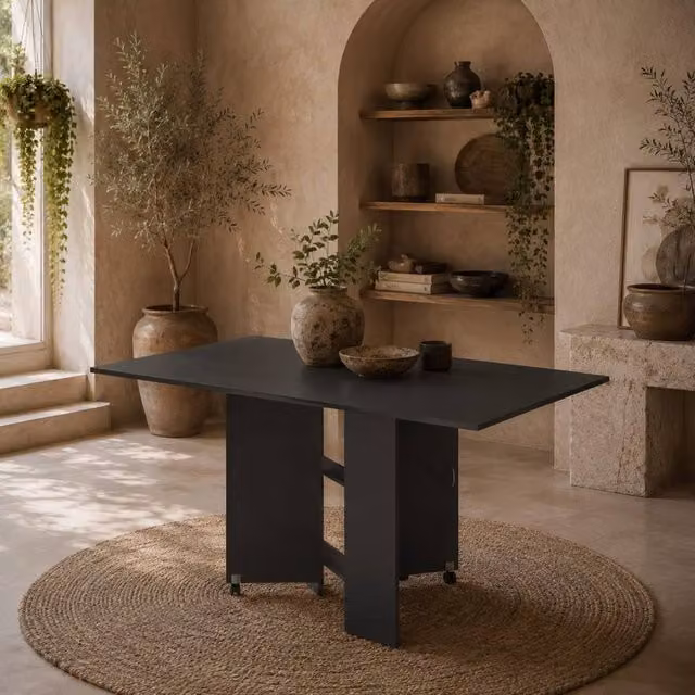 Wyld Haus Kafa Laso Black Drop Leaf Folding Dining Table with Shelves and Castors, W/D/H: 75 x 75 x 75 cm – 1