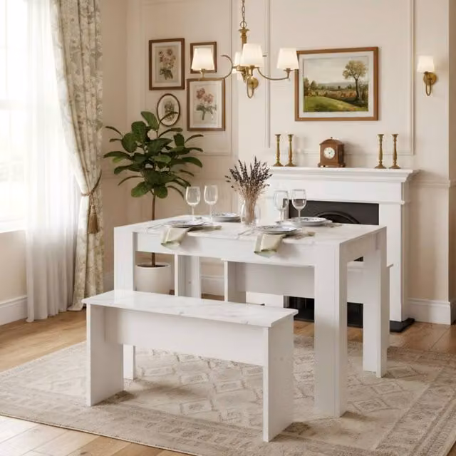 ModernLuxe Rectangular Dining Table Set with 2 Benches in White