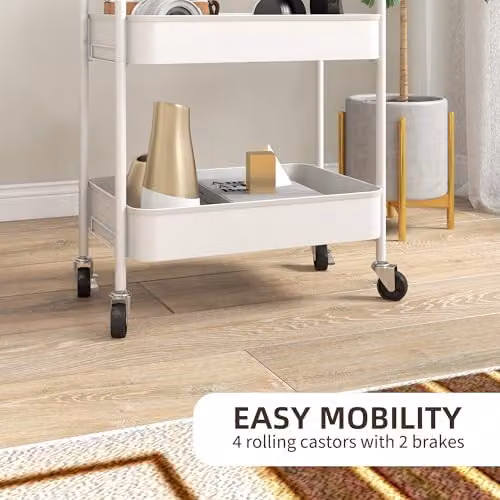 HOMCOM 3-Tier Rolling Utility Storage Trolley with Mesh Baskets, White, W/D/H: 45 x 30.6 x 79 cm – 4