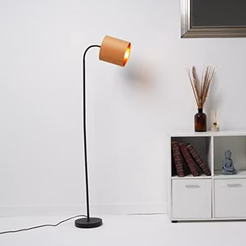 K LIVING Hove Metal Floor Lamp with Ochre Fabric Shade and Copper Lining, Height: 170 cm