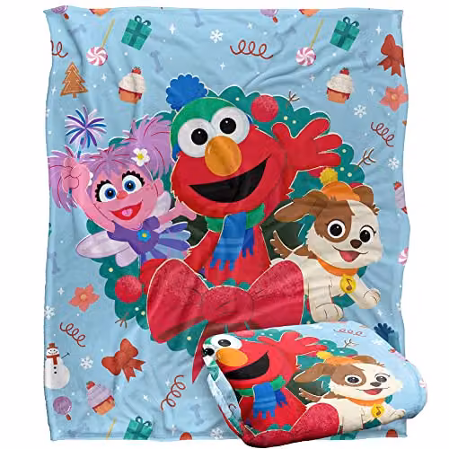 LOGOVISION Sesame Street Furry Friends Forever Elmo Abby Wreath Kids Silky Touch Blanket, Multicolour, W/D/H: 152 x 127 x 1 cm