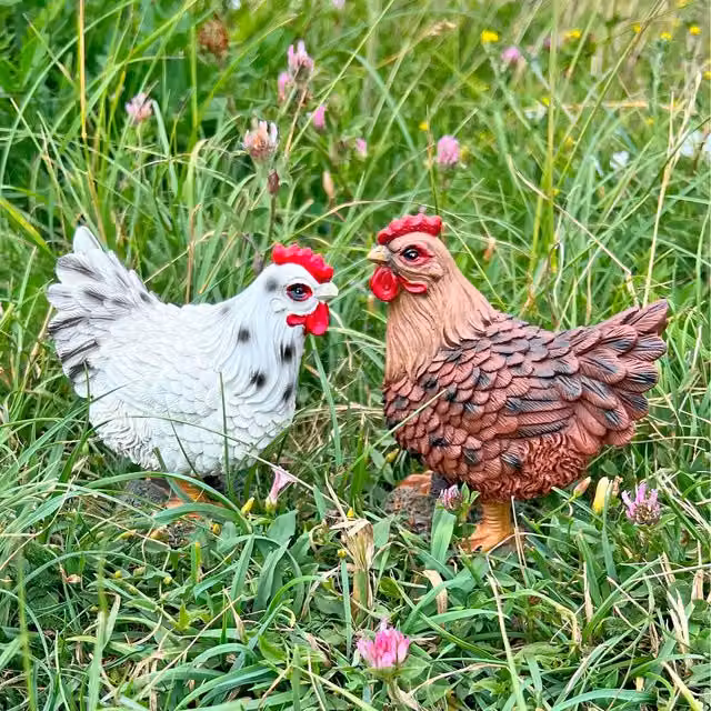 Farmwood Pair of Standing Garden Chicken Ornaments in Brown and Multicolour
